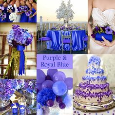 purple and royal blue wedding theme collage with cake, balloons, table cloths