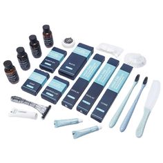 an assortment of dental care products including toothbrushes