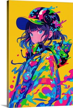 a painting of a girl wearing a hat and coat with colorful paint splatters on it