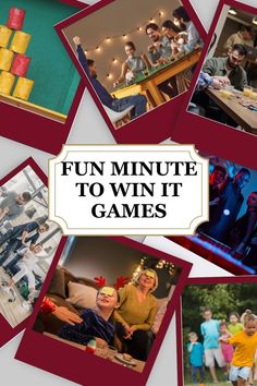 a collage of photos with the words fun minute to win it games