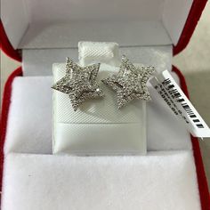 Beautiful 14 Kt White Gold And Diamond Puffed Star Stud Earrings! This Diamond Star Earring Is A Great Gift For A Heart Love Friends Relationship Admirer And Is Hand-Wrapped In A Beautiful Jewelry Gift Box. Elegant Silver Star-shaped Diamond Earrings, Sterling Silver Star-shaped Diamond Earrings, Silver Star-shaped Diamond Earrings As Gift, Silver Star-shaped Diamond Earrings For Gift, Diamond White Star Earrings For Anniversary, Star-shaped Sparkling Earrings For Anniversary, Sparkling Star-shaped Earrings For Anniversary, Star-shaped Diamond Earrings For Anniversary, Sparkling Diamond Star Earrings