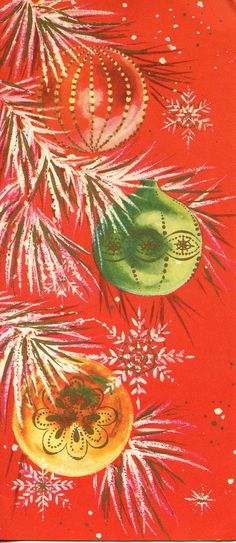 an image of christmas decorations on a red background with snowflakes and pine cones