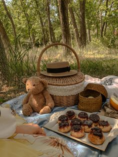 a teddy bear sitting on a blanket next to some pastries and a picnic basket