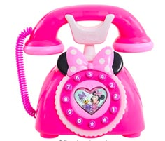 the minnie mouse phone is pink and has a heart on it's dial button