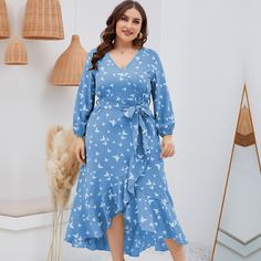 Butterfly Beauty: Plus Size Casual Dress with Butterfly Print, Ruffled Hem, and Tied V-Neck, Perfect for Autumn and Spring Blue V-neck Wrap Dress With Ruffles, Spring Long Sleeve Ruffled Wrap Dress, Long Sleeve Ruffled Wrap Dress For Spring, V-neck Wrap Dress With Ruffle Hem For Brunch, Spring V-neck Wrap Dress With Ruffle Hem, Spring V-neck Wrap Dress With Ruffles, V-neck Wrap Dress With Ruffles For Spring, Plus Size Casual Dress, Women Office