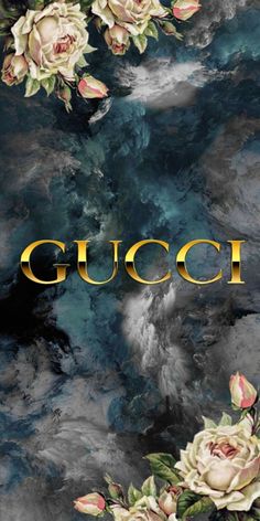 the words gucci are surrounded by flowers and leaves on a black background with gold lettering