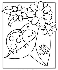 a ladybug with flowers and a lady bug on it's back coloring page