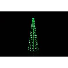 a lighted christmas tree in the dark with green lights on it's top and bottom