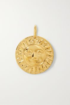 Marina B's pendant not only features a smiling sun, but the French word 'soleil' for it at the back, too. It's decorated with a single emerald and can be strung onto nearly any chain of your liking - we suggest a dainty one, so you can layer it with other styles. Luxury Yellow Gold Jewelry With Sun And Moon Design, Luxury Yellow Gold Sun And Moon Jewelry, Smiling Sun, Pear Pendant, French Word, Diamond Choker, Emerald Pendant, Emerald Necklace, Jasper Pendant