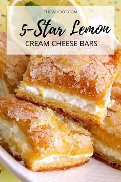 lemon cream cheese bars stacked on top of each other with the words easy and delicious