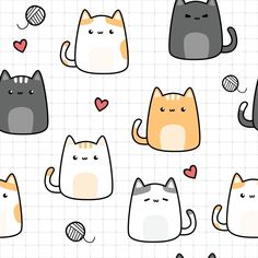 cats with hearts and leaves on a checkered background in pastel orange, black, gray and white