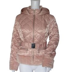 Women's Pink Padded Faux Fur Belted Hood Jacket Nylon Fabric .Padded Design . Clip Buckle Belted Waist Hooded .Long Sleeve . Zip Front . Zip Pockets . Light Slightly Warm Jacket. Material Look Like Silk . Color Blush . 100% Polyester .100% Polyester Trim .Machine Wash Cold. Size Xs . Measurements : Sleeve 22 In., Shoulders 15 In., Bust 32 In., Length Jacket 21 In.. Brand New With Tags. 20 Pink Puffer Jacket With Padded Collar For Spring, Pink Nylon Outerwear For Fall, Pink Nylon Puffer Jacket For Spring, Pink Hooded Jacket With Ribbed Cuffs For Winter, Pink Nylon Puffer Jacket For Fall, Pink Fall Outerwear With Detachable Hood, Fitted Pink Puffer Jacket For Winter, Trendy Pink Outerwear With Padded Collar, Pink Hooded Puffer Jacket For Fall