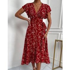 Dresses | Boho Floral Print Butterfly Sleeve Knot Side Dress | Poshmark Elegant Red Printed Midi Dress, Feminine Red Floral Print Midi Dress, Feminine Red Midi Dress For Summer, Feminine Red Summer Midi Dress, Red Printed Midi Dress For Party, Red Printed Dress For Day Out, Elegant Red Printed Dress, Feminine Red Midi Beach Dress, Red Feminine Midi Dress For Beach