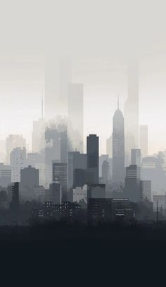 an image of a city skyline with tall buildings in the foggy day time sky