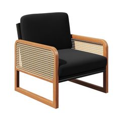 a black chair with wooden frame and armrests