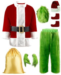 the costume is green and red with fur on it's chest, pants, and hat