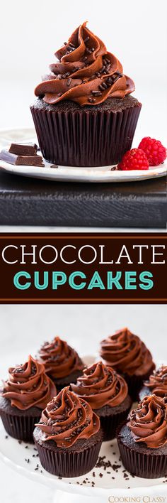 chocolate cupcakes on a white plate with raspberries in the background and text overlay that reads chocolate cupcakes