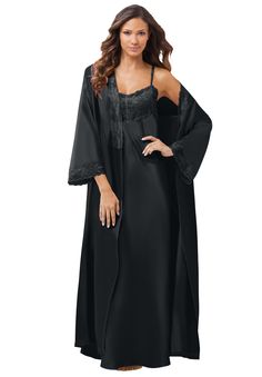 Feel luxurious in this beautiful satin nightgown and dressing robe set, perfect for a touch of romance and comfort. Slip features adjustable skinny straps and elegant lace trim for a feminine touch. Enjoy the full-sweep design of the nightgown, offering ultimate comfort and ease of movement. Coordinating robe with long sleeves enhances the set with lace trim on the neck and cuffs for a refined look. Keep everything secured with the included self-tie sash, ensuring a perfect fit all night long. G Satin Nightgown, Peignoir Sets, Jumpers And Cardigans, Women Swimsuits, Lace Detail, Night Gown, Lace Trim, Cold Shoulder Dress, Pajamas