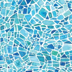 a blue and green mosaic tile pattern on a white background, with watercolor paint