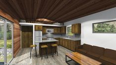 an artist's rendering of a kitchen and living room in a house with wood paneling