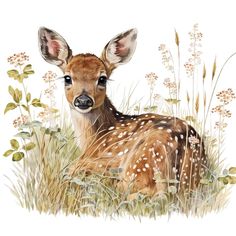 a watercolor painting of a deer laying in tall grass and flowers on a white background