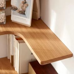 a wooden shelf with some books on top of it next to a cat figurine