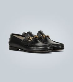 Find GUCCI Horsebit 1953 Leather Loafers on Editorialist. Upper: calf leather. Lining: leather. Sole: leather insole and sole. Toe shape: round toe. Made in Italy. Includes: shoe box. Horsebit Loafers, Black Shoes Men, Canvas Loafers, Gucci Loafers, Suede Moccasins, Gucci Horsebit, Black Leather Loafers, Gucci Men Shoes, Men Loafers