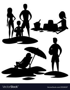 silhouettes of people on the beach with umbrellas and sunbathers in black and white