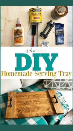 the diy homemade serving tray is sitting on a table