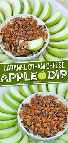 caramel cream cheese apple dip recipe with apples and nuts in the bowl on top