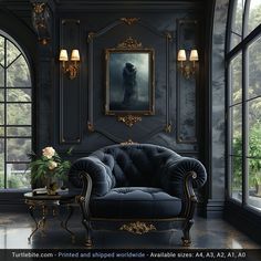 an elegant living room with black walls and gold trim