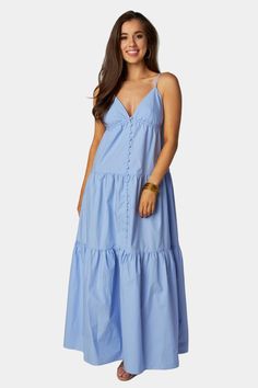 BuddyLove Kenna Tiered Maxi Dress - Blue Denim Jumpsuit Overalls, Silhouette Dress, Tiered Maxi Skirt, Cardigan Sweater Dress, Maxi Dress Cotton, Tiered Maxi Dress, Romper Dress, Maxi Dress Blue, One Piece Dress