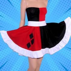 Harlequin Cosplay Costume Comic Book Jester Strapless Summer Sun Ruffle Dress Cosplay Costume Adult All Sizes MTCoffinz The circle skirt on the bottom is soft cotton.  It is split red/black and has three black diamonds stitched on the fabric. The ruffle on the bottom is white cotton  It's similar to a circle skirt and it will flare out when you twirl around  The white cotton belt ties around the waist.  It ties into a bow in the back, so it's adjustable to fit many sizes.  Measurements: Please r Fandom Style Cosplay Costume For Events, Themed Cosplay Costume For Role Play, Fandom Halloween Costume For Costume Party, Halloween Costume Party Fandom Outfit, Anime Print Costume For Costume Party, Fandom Style Anime Print Cosplay Costume For Parties, Fandom Style Anime Print Cosplay Costume For Costume Party, Anime Print Costumes For Themed Events, Red Anime Print Costume For Costume Party