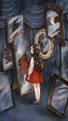 a painting of a girl looking at her reflection in a mirror while she is brushing her hair