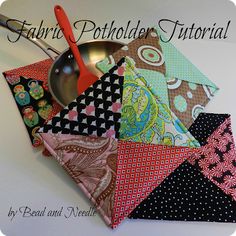 there is a spoon and some fabric on top of each other with the words fabric potholders