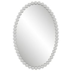 a round mirror with white dots on the edge and an oval border around it's edges