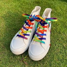 Rainbow Color Shoelaces - One Pair DETAILS: * You will get 1 pair of rainbow shoelaces, including 2 laces * Shoelaces - double layer & double-faced * Shoelace width: 0.8cm, length please ref to the options.  We also offer a discount for bulk orders, kindly contact me for the details. NOTES: 1. IMPORTANT: We will double-check each pair's lace length to make sure they match each other of every single order, But Please allows a slightly size difference due to manual measurement. 2. Please be reminded that due to lighting effects and monitor's brightness/contrast settings etc, the color tone of the website's photo and the actual item could be slightly different.  Thanks and Happy Shopping Rainbow Lace-up Sneakers For Summer, Rainbow Shoelaces, Lady Rainicorn, Painted Converse, Accessory Inspo, Rainbow Shoes, Size Difference, Star Jeans, Shoe Insoles