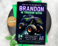 a monster truck birthday party card on a plate