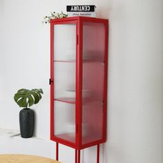 a tall red cabinet sitting next to a table with a potted plant on top