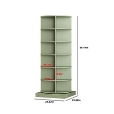 a tall book shelf with measurements for the height and width, in front of a white background