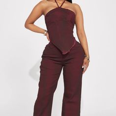 Next Level Washed Denim Set Burgundy New With Tags Boujee Outfits Classy, Modern Egyptian Fashion, Red Corset Top, Cute Professional Outfits, Denim Set, Fashion Nova Outfits, Effortlessly Chic Outfits, Top Pants Set, Wide Leg Pant