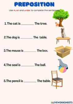 a worksheet for prepositions with pictures and words to help students learn how to