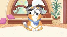 a cartoon dog sitting on the floor in front of a fireplace with a scarf around its neck