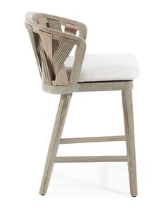 a wooden chair with white upholstered seat and backrest, on a white background