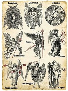 an old book with pictures of angels and demon's on it, all in different poses