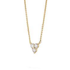 Three round diamonds create a radiant triangle in our Mini Trio pendant, perfect for stacking or on its own. Set in 14k white or yellow gold. Trio Necklace, Loose Stones, Ring Size Guide, 3 Carat, Gold Set, 10k Gold, Egift Card, Chain Lengths, Round Diamonds