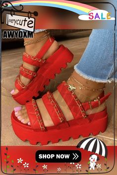 Women's Sandals New Women High Heels Summer Wedge Platform Women Shoes Fashion Chain Casual Dress Slippers Female Pumps Summer Ankle Strap Sandals With Chain Strap, Summer Sandals With Ankle Strap And Chain Detail, Casual Sandals With Chain Strap And Round Toe, Trendy Chain Sandals For Summer, Spring Sandals With Chain Detail And Round Toe, Spring Chain Sandals With Round Toe, Summer High Heel Sandals With Chain, High Heel Sandals With Chain For Summer, High Heel Chain Sandals For Summer