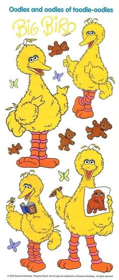 the big bird is standing next to other cartoon animals and holding something in his hand