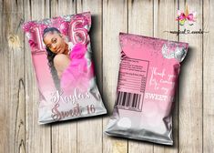 Professional and gorgeous chips bag wrapper design. Customized with the birthday girl's photo and your choice of colors and text. Perfect party favor at your Sweet Sixteen. Digital printable, I design and you print, nothing is shipped. Pink background with fading silver bokeh, pink glitter text, and silver glitter at the top, pink balloons. All other colors or custom orders are welcome. Thank you for visiting my etsy shop and happy shopping! Wrapper Design, Sweet Sixteen Favors, 14th Birthday Party Ideas, Glitter Text, 14th Birthday, Pink Balloons, Sweet Sixteen, Perfect Party, Pink Glitter