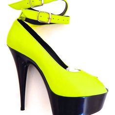 Gasoline Glamour Kamikaze Neon Yellow Peeptoe Pumps Neon Yellow Leather 6" Heel 2" Platform Peep Toe Pump. Double 3/4" Ankle Straps Medium Width Made In The Usa Yellow Platform Heels For Party, Neon Yellow Fitted High Heels, Fitted Neon Yellow High Heels, Lime Green Open Toe Party Heels, Neon Yellow Party Heels, Lime Green Open Toe Heels For Party, Yellow Heels With 4-inch Heel For Night Out, Yellow Fitted Ankle Strap Heels, Fitted Yellow Heels With Heel Strap